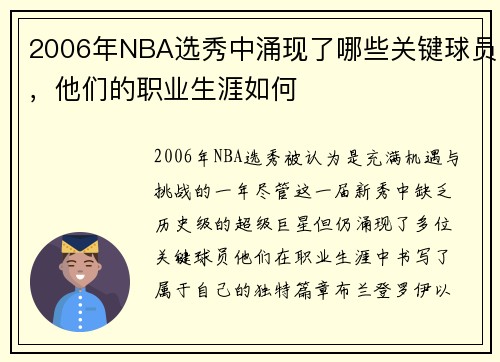 2006年NBA选秀中涌现了哪些关键球员，他们的职业生涯如何
