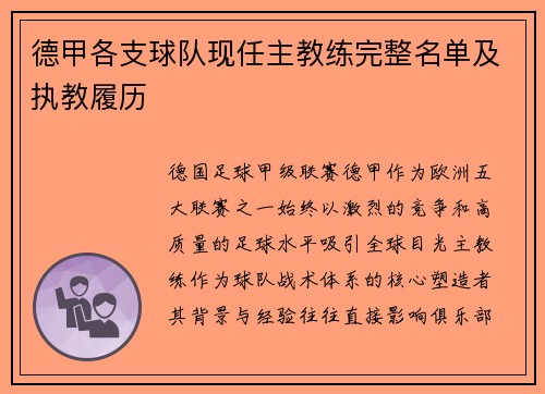 德甲各支球队现任主教练完整名单及执教履历